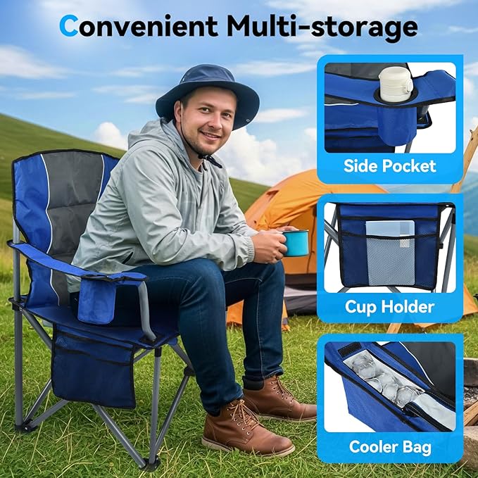 Oversized Camping Chairs for Adults, Folding Chairs for Outside Heavy Duty - 400lbs Support with Cup Holder, Cooler Bag and Side Pocket, Portable for Lawn, Outdoor Sports