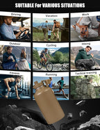 Tactical Half Gallon Water Bottle with Straw, 64 oz Insulated Water Jug with Molle Sleeve, Stainless Steel Sport Bottle with 3 BPA Free Lids for Gym Workout Hiking (Brown, 64OZ)