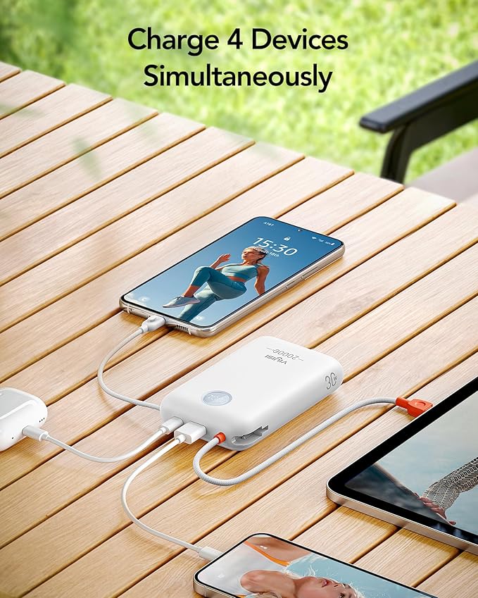 Portable Charger 20000mAh 30W Fast Charging, Power Bank with Built-in Cables & LED Display, USB C Battery Pack for iPhone 16/15/14, Samsung, iPad and Android Phones, Ideal for Travel -White