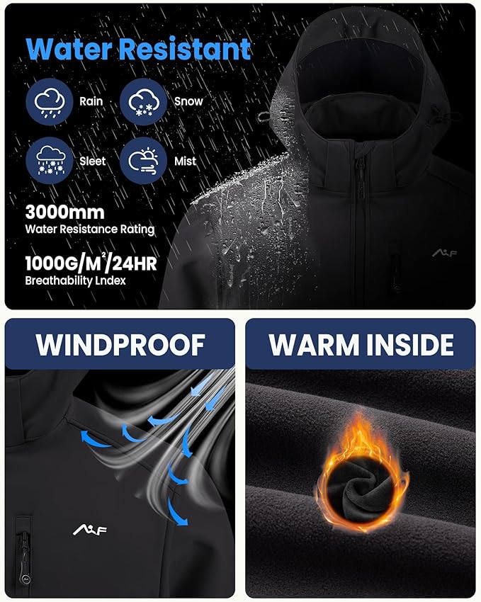 WULFUL Men's Softshell Jacket Waterproof Lightweight Insulated Windbreaker Fleece Lined Rain Shell Jacket for Hiking Travel