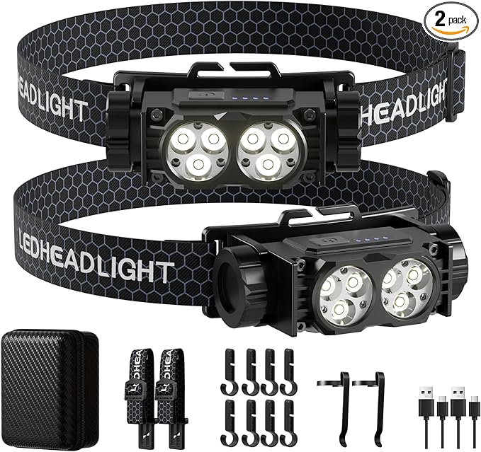 Headlamp Rechargeable 2PCS,4500L Super Bright Light Bright LED Rechargeable Headlight with White Light, Waterproof Head Lamp with Headband for Outdoor Camping, Hiking,Camping Essentials,Working