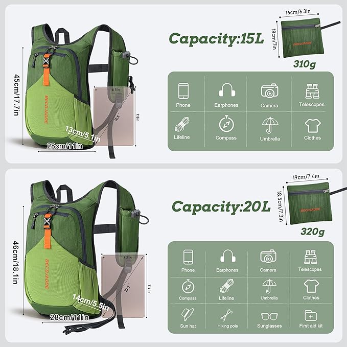 BECOJADDE 15L Small Hiking Backpack for Men Women Foldable Packable Back Pack Ultralight Hiking Daypack for Travel Camping Outdoor, Olive Green