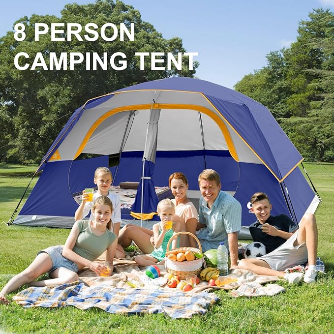CAMPROS CP Tent 8 Person Camping Tents, Waterproof Windproof Family Tent with Top Rainfly, Large Mesh Windows, Double Layer, Easy Set Up, Portable with Carry Bag, for All Seasons