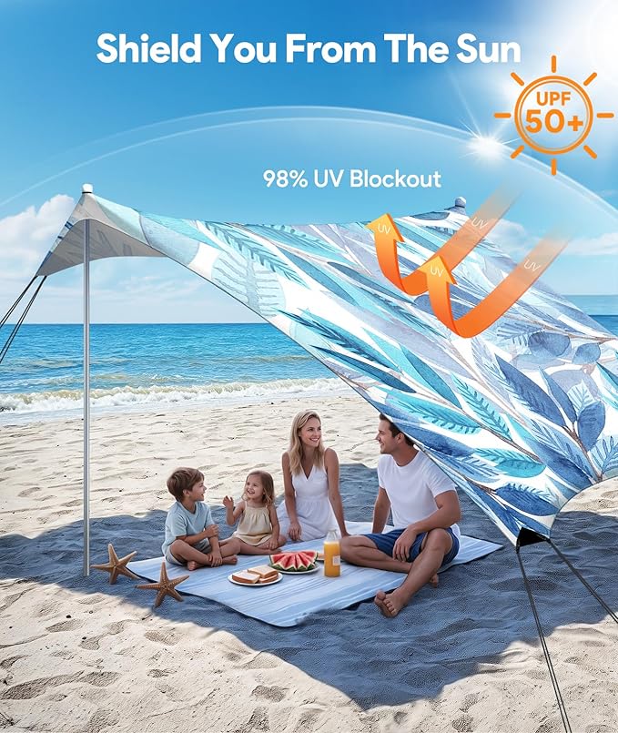 Beach Tent Sun Shelter, 10 x 10 FT Beach Canopy Tent Sun Shade, UPF50+ Tents Canopy with 8 Sandbags & 4 Stability Poles, Outdoor Tents for Camping Fishing, Leaf