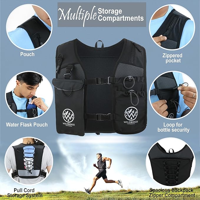 Running Hydration Vest | Mens & WomensRunning Vest | Reflective Vest Running | 7 Pocket Storage with 17oz Flask |Secure Phone Holder | Adjustable Lightweight Black Neoprene.