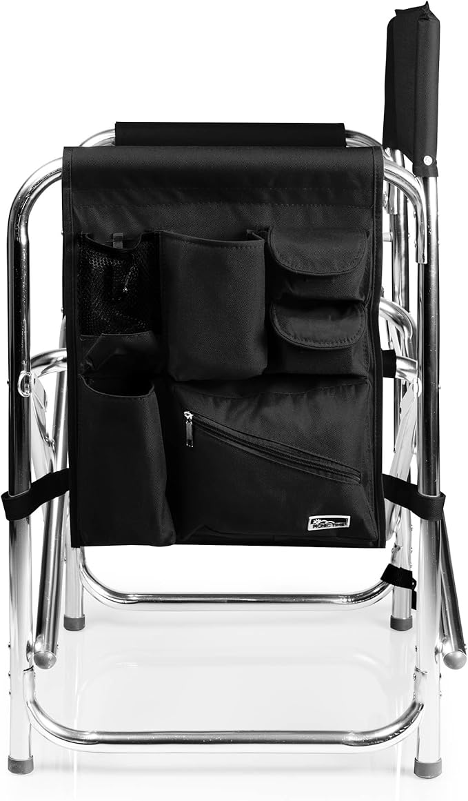 PICNIC TIME Sports Chair with Side Table, Outdoor Foldable Padded Adult Camping Chairs with Cup and Accessory Panel for Lawn, Beach, & Sports Use for Adults, up to 300-lbs Capacity, (Black)