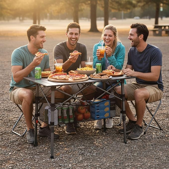 Portable Camping Table with Adjustable Height Legs, Lightweight Aluminum Roll-up beach tables for sand foldable，Folding Picnic Table Large Storage Basket for Outdoor camping (Black, Medium 37")