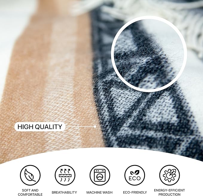 Cozy Wool Blanket | 100% Virgin Wool from New Zealand | Perfect Throw/Sofa Blanket with Fringes in Stripes Design (140 x 200 cm)