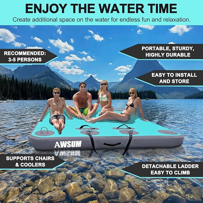AWSUM Inflatable Floating Dock Air Dock Platform Floating Island Raft with None-Slip Surface for Pool Beach Ocean