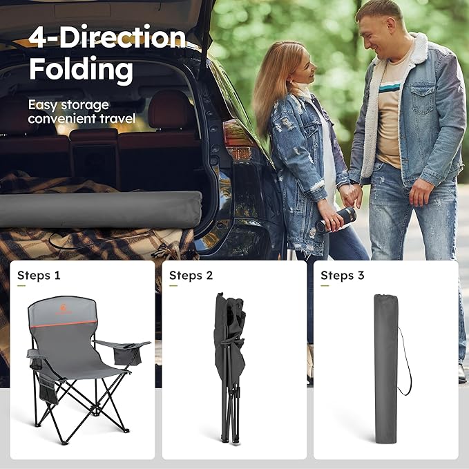 ALPHA CAMP Camping Chair 2 Pack Portable Chair with 3-Can Cooler Folding Chair with Side Pocket and Cup Holder, Collapsible for Camping, Tailgates, Beach, Fishing and Sports,2PC
