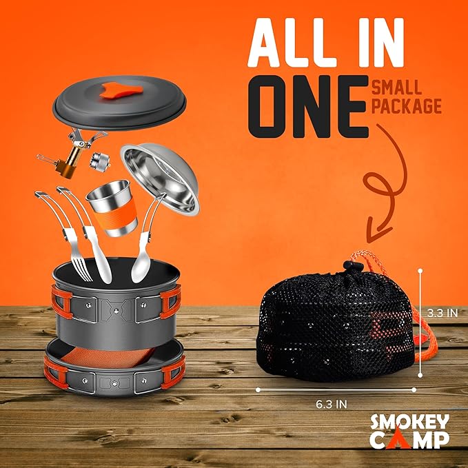 Camping Cookware Mess Kit Set with Stove - Backpacking Camping Pots and Pans Set, All in One Non-Stick Camping Cooking Set, Portable Stove, Hiking, Picnic, Outdoor & Camping Cookware Set