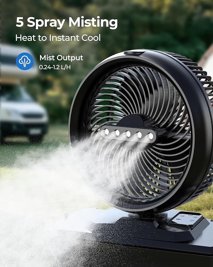 Koonie 10 Inch Camping Misting Fan 11L Tank, 20000mAh Cooling Battery Floor Fan with Remote, 4 Timers, 4 Speeds, 3 Mist Modes, 45°/90° Oscillation, 10° Tilt, Portable for Outdoors Patios, Travel