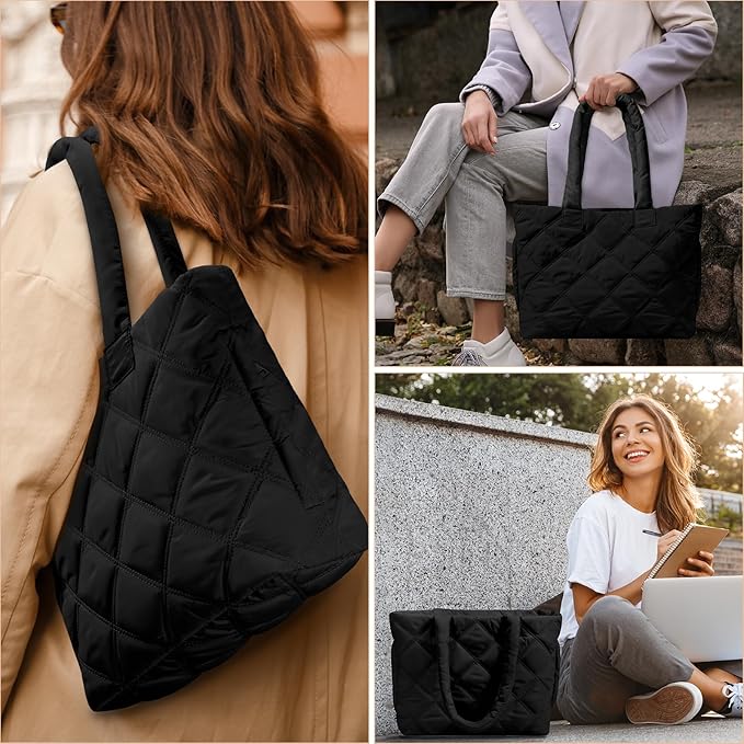 Puffer Tote Bag for Women, Quilted Bag with Zipper, Small Tote HandBags for Work, Travel