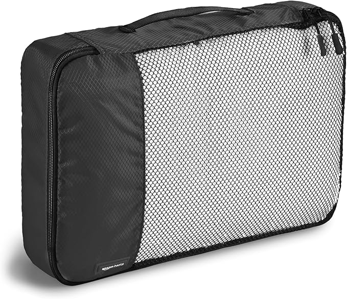 Amazon Essentials 4-Piece Packing Cubes Travel Accessories Set, Luggage Organizer with Double Zipper, Mesh Top, 100% Polyester, Small/Medium/Large/Slim, Black (Previously Amazon Basics)