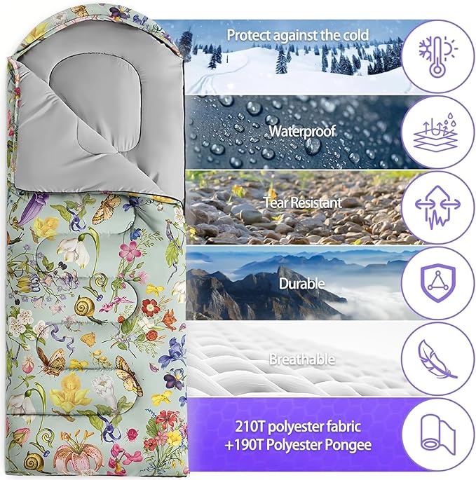 Sleeping Bags for Adults and Kids，3D Printing Camping Sleeping Bag for Girls Boys Lightweight Waterproof Cold/Warm 3-Season，Outdoor Travel with Compression Bags