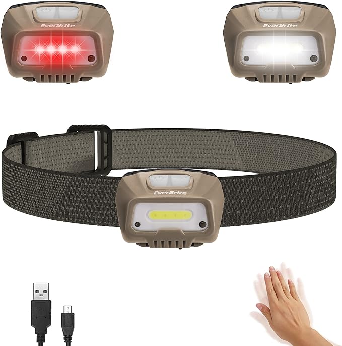 EverBrite Rechargeable Headlamp, LED Bright Motion Sensor Head Lamp Flashlight with 6 Modes, Adjustable Headlight for Adults with White Red Light, Water Resistant, Khaki, for Hiking, Running, Camping