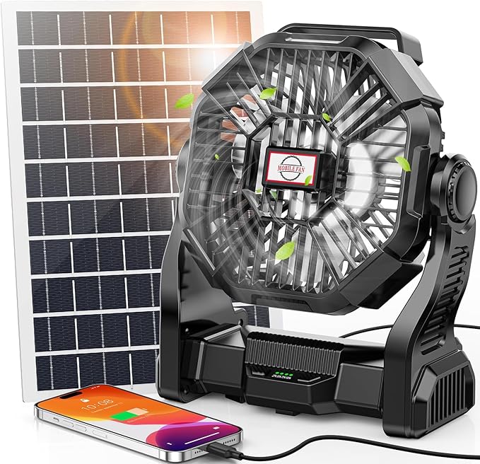 30000mAh Solar Fan with LED Lantern, 10W Solar Panel Rechargeable Battery Powered Camping Fan for Outside, 9 Inch Portable Battery Operated Hurricane Supplies for Picnic, Barbecue, Fishing, Travel