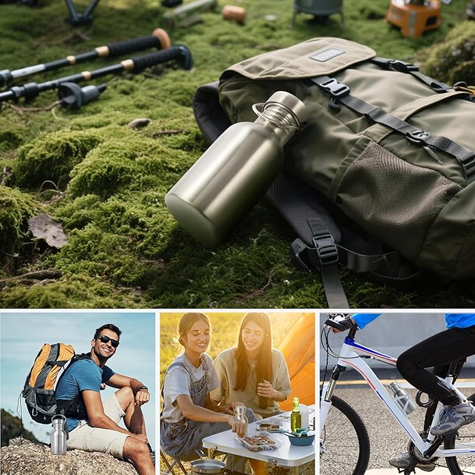 Volhoply 12oz Stainless Steel Water Bottle with Handle,Non Insulated Single Wall, Dishwasher Safe No Plastic 18/8 304 Metal Water Bottles with Wide Mouth for Camping, Hikers, Cyclists