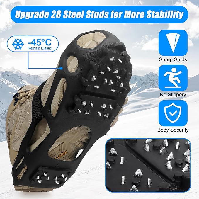 Ice Cleats Snow Walk Traction Cleats Crampon for Walking on Snow and Ice Upgrade 28 Studs Non-Slip Overshoe Rubber Anti Slip Crampons Slip-on Stretch Footwear