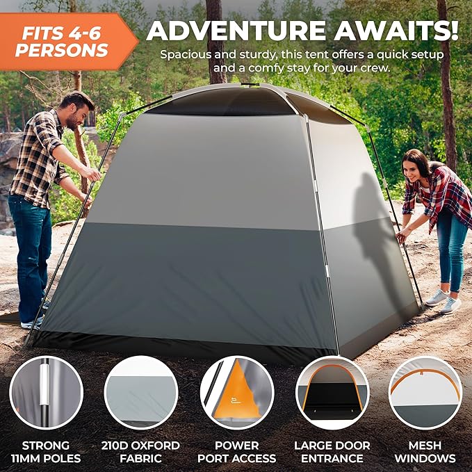 ArkTrek 6 Person Tents for Camping-Robust Family Camping Tent Cabin w Ground Sheet, Rainfly Cover, Powerport-Comfy Large Quick, Waterproof Pop up Camping Tent for Picnics Fishing Hiking