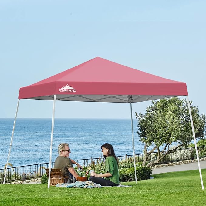 EAGLE PEAK 10x10 Slant Leg Pop-up Canopy Tent Easy One Person Setup Instant Outdoor Beach Canopy Folding Portable Sports Shelter 10x10 Base 8x8 Top (Peach Pink)