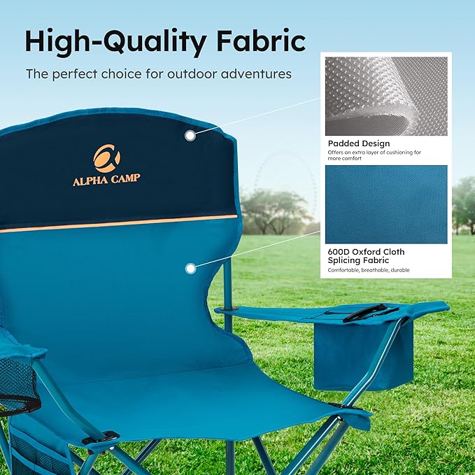 ALPHA CAMP Camping Chair 2 Pack Portable Chair with 3-Can Cooler Folding Chair with Side Pocket and Cup Holder, Collapsible for Camping, Tailgates, Beach, Fishing and Sports,2PC
