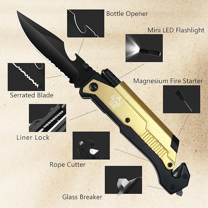 8.5" Military Outdoor Hunting Camping Pocket Knife, 7 in 1 Multi-Function Folding Knives with Fire Starter LED Light Seatbelt Cutter Glass Breaker Bottle Opener Tactical Blade (Gold)