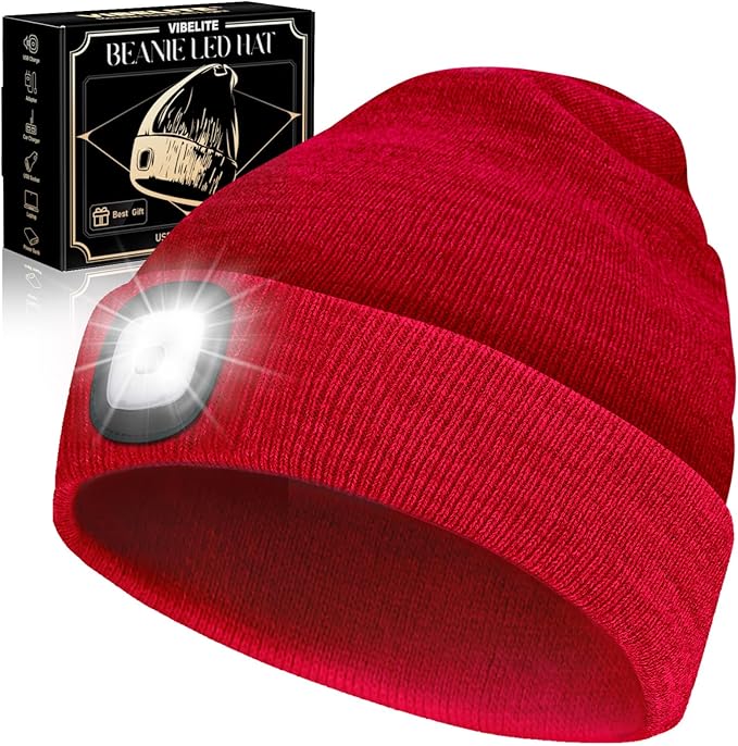 LED Beanie Hat with Light, USB Rechargeable LED Headlamp, Gifts for Men, Him, Husband, Boyfriend,Gifts for Dad, Husband, Father, Red