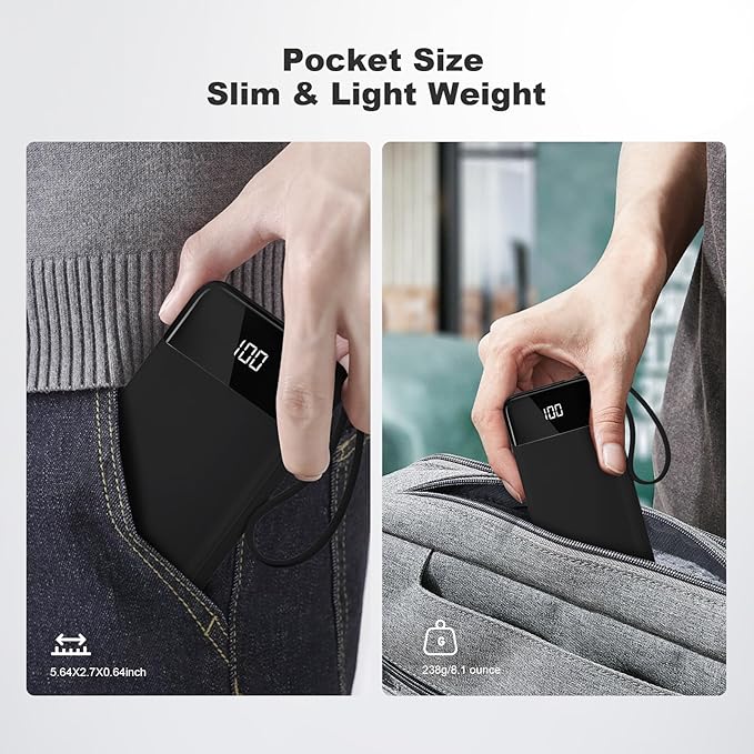 Power Bank 10000mAh Portable Charger with 4 Built-in Cables, Type-C in & Out Phone Charger, External Battery Charger Pack & Travel Essential for iPhone 16/15/14, Samsung, iPad, Android