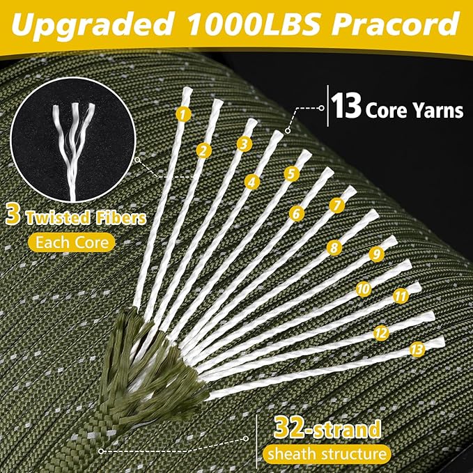X XBEN Paracord Reflective 1000lb, 50/100/200/500/1000ft 4mm, 13 Strand Parachute Spool Cord, Heavy Duty Paracord Rope for Camping, Fishing, Hiking, Hunting, DIY Crafts, Black