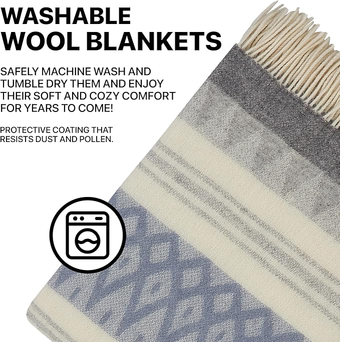 Wool Blanket | 100% Wool from New Zealand | Perfect as a Throw Blanket/Sofa Cover | Virgin Wool Blanket with Fringes in Stripes Designs (140 x 200 cm)