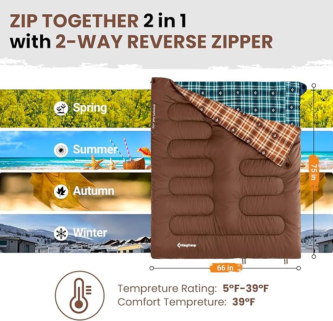 KingCamp Sleeping Bag for Adults, Cold Weather & Warm XL Big and Tall Flannel Sleeping Bags with Compression Sack Portable Waterproof Essentials Gear Accessories for Outdoor Camping