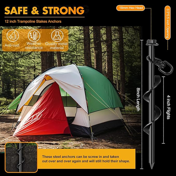 Hiboom Ground Anchor Screw Heavy Duty Earth Anchors Tent Stakes for High Wind with T Handle Hex Wrench Trampoline Hook Ground Stakes for Camping Canopies Car Ports Sheds