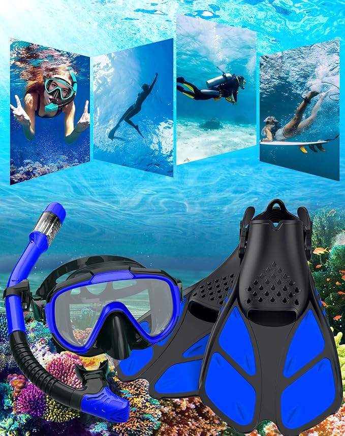 Snorkeling Gear for Adults Men Women,4 in 1 Snorkel Set with Panoramic View Diving Mask Anti-Fog Anti-Leak,Dry Top Snorkel,Fins and Travel Bag for Swimming,Snorkeling and Travel Diving