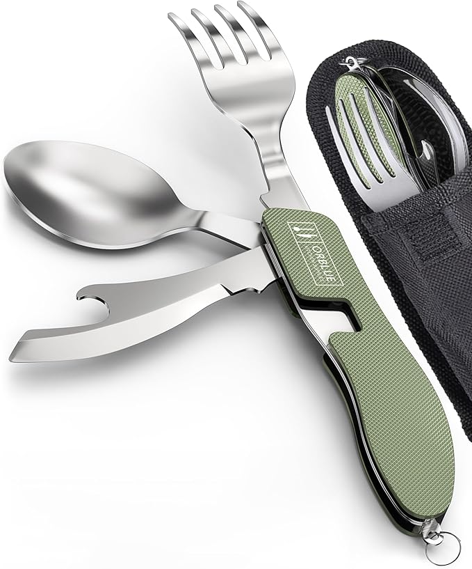 Orblue 4-in-1 Camping Eating Utensils, 2-Pack - Portable Spoon, Fork, Knife & Bottle Opener Combo Set - Stainless Steel Flatware with Detachable Fork - Backpacking Cutlery Multitool, Olive Green
