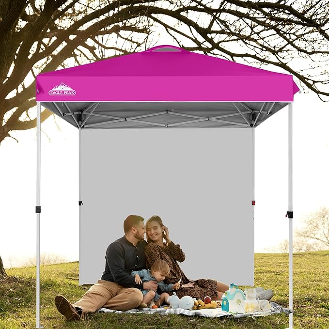 EAGLE PEAK Pop Up Canopy Tent with 1 Sidewall, Easy Setup Event Tent, Outdoor Sun Shade, Wheeled Carry Bag, Stakes and Guy Ropes, Instant Canopy 6.6x6.6, Pink