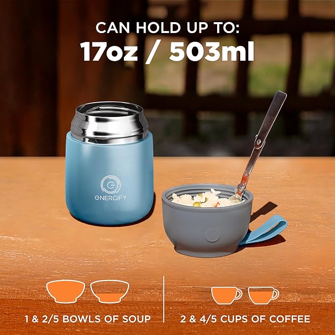 ENERGIFY Vacuum Insulated Food Jar. Large 17oz Bowl incl. Folding Spoon, Cup. Wide Mouth Keep Hot & Cold Drinks Soup Lunch Container for Adults. BPA-Free Stainless Steel, Leak Proof Shiny Blue