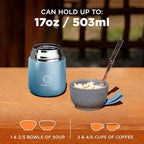 ENERGIFY Vacuum Insulated Food Jar. Large 17oz Bowl incl. Folding Spoon, Cup. Wide Mouth Keep Hot & Cold Drinks Soup Lunch Container for Adults. BPA-Free Stainless Steel, Leak Proof Shiny Blue