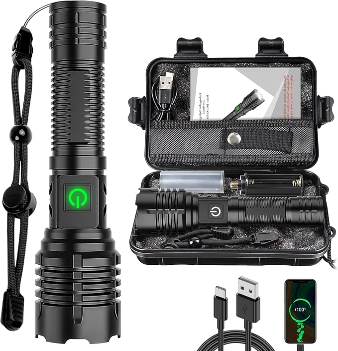 Flashlights High Lumens Rechargeable (Battery Included), XHP70.2 Super Bright LED Flashlight with Holster, Type-C, 5 Modes, Zoomable, IPX6 Waterproof Flashlights for Emergency Camping