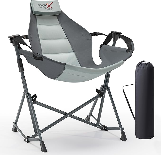Hammock Camping Chair, 3 Heights Swinging Chair with Adjustable Backrest, Folding Rocking Chair with Head Pillow&Cup Holder, Outdoor Chair for Camping and Hiking, Supports 350lbs, Grey