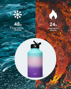 BUZIO 64oz Insulated Water Bottle Stainless Steel Double Wall Leak Proof Half Gallon with Straw Lid and Flex Cap (Cold for 48 Hrs) Sports Flask Metal Travel Mug for Hiking Cycling, Hydrangea