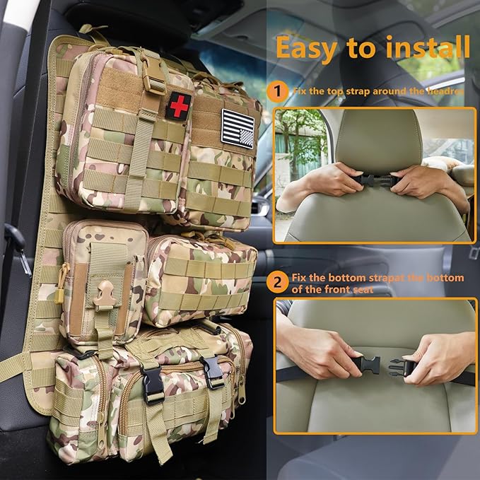 Universal Tactical Car Seat Back Organizer Bag Tactical Molle Vehicle Organizers Panel Vehicle Protector Organizers with 5 Detachable Pouches for Car Truck Ford Jeep (CP camo)