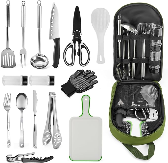 Onlyfire Portable Camping Kitchen Utensil Set, 16 Piece Cookware Kit, Outdoor Cooking and Grilling Utensil Organizer Travel Set Perfect for Travel, Picnic, RV, Camping, Hiking, BBQ, Party, CT606