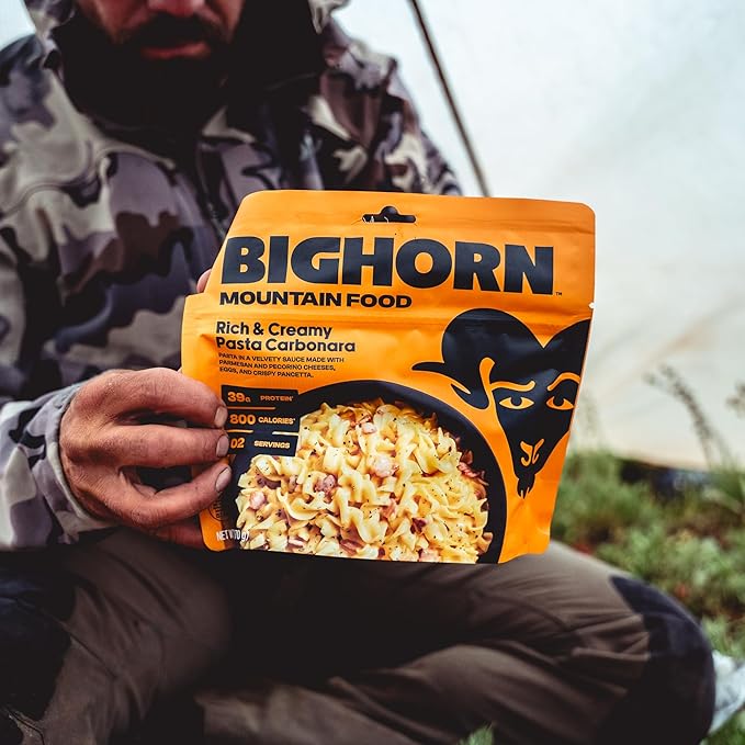 BIGHORN Mountain Food Rich & Creamy Pasta Carbonara - premium freeze dried meals for backpacking food - dehydrated camping food for backpacking meals - 2 servings