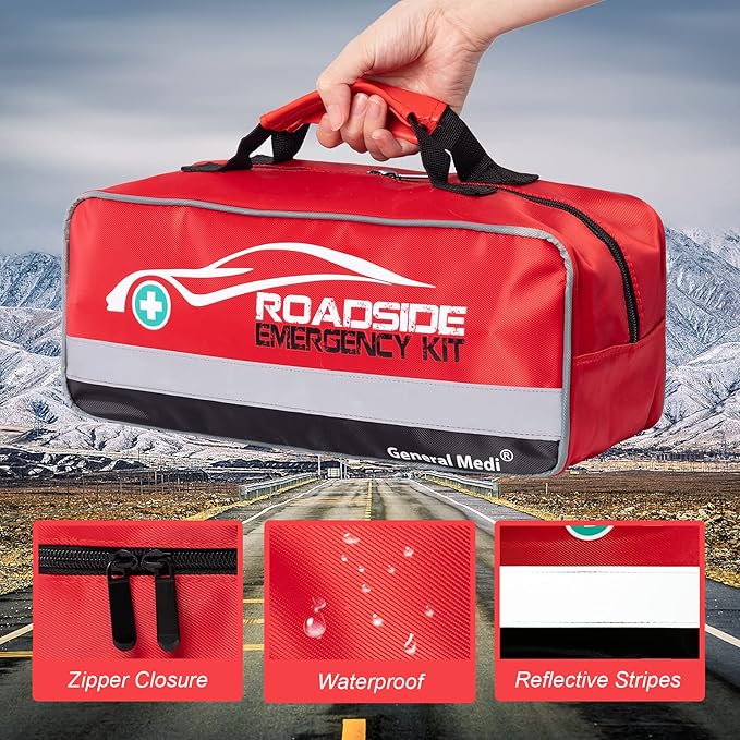 General Medi 127-Pieces Roadside Car Emergency Kit Include Mini First Aid Kit, Jumper Cables,Tow Rope, Bandage, Safety Vest, Emergency Triangle, All in One Pack