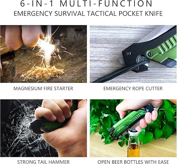 ALBATROSS Best 6-in-1 Survival Tactical Military Folding Pocket Knives with LED Light,Seatbelt Cutter,Glass Breaker,Magnesium Fire Starter,Bottle Opener;Multi-Function Emergency Tool(Green-SA)