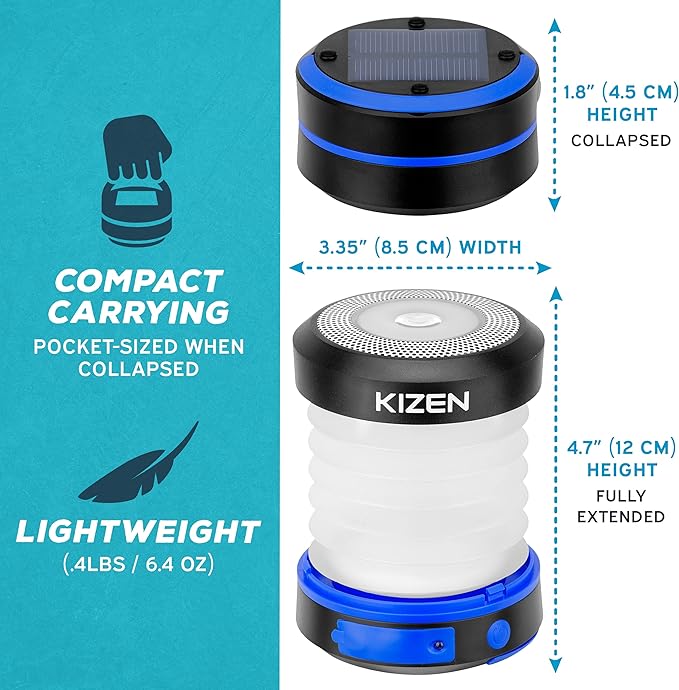 Kizen Solar Camping Lantern Rechargeable - LED Lanterns for Power Outages, & Camping Lights - Collapsible & Rechargeable Lamp with Solar or Plug - Hiking Gear