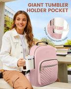 LOVEVOOK Laptop Backpack for Women with Giant Tumbler Holder 17.3 inch,Designer Travel Backpack Laptop Bag College Backpack,Quilted Work Nurse Teacher Backpack Purse Computer Bag Casual Daypack, Pink