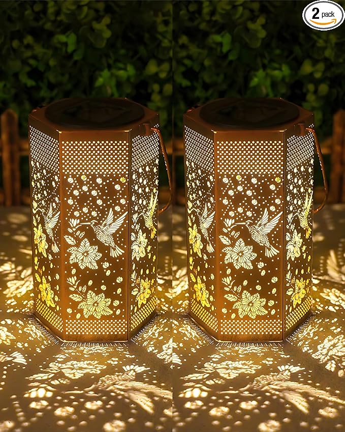 Birthday Gifts for Women Men - Father Day Gifts, Garden Decor Solar Lights Outdoor, 2 Pack Hummingbird Solar Lantern Outdoor Waterproof Outdoor Decoration for Outside, Yard, Lawn, Patio Deals