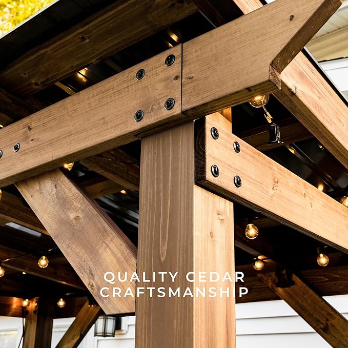 Backyard Discovery Saxony 8' x 5' Cedar Wood BBQ Grill Gazebo Pavilion with Hardtop Galvanized Steel Roof, Bar Tops, Powerport, Snow Support, Wind Resistance, Cook Station for Outdoor Patio or Deck